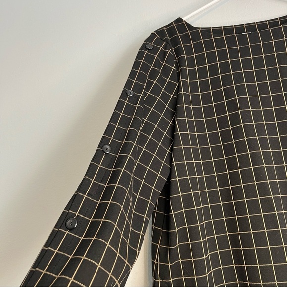 J jill Ponte Knit Windowpane Top Black Camel Boatneck Button Sleeve Size M - Picture 5 of 11
